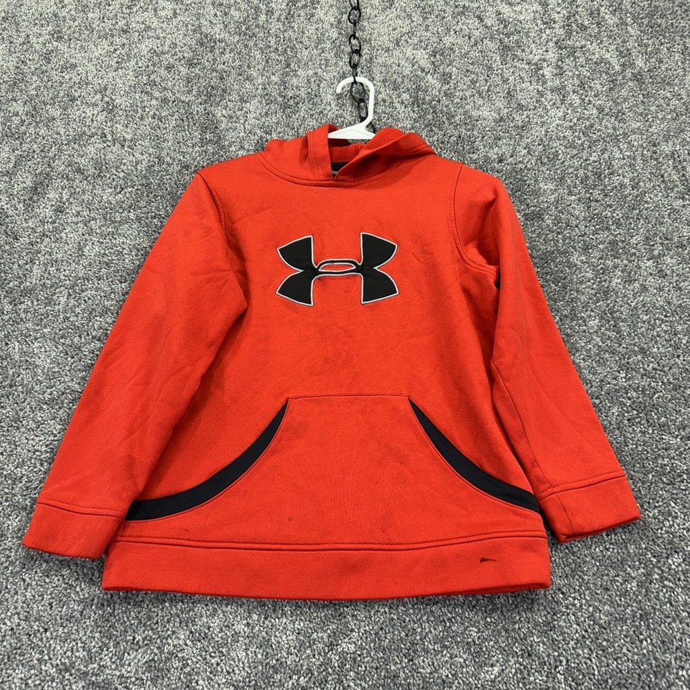 Under Armour Hoodie Kids Large Red Logo Fleece Pullover Kangaroo Pocket Winter